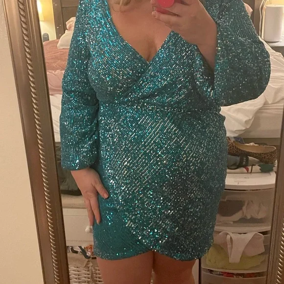 chinese dress ladies Turquoise Sequin Plunge V Mini Dress with Long Sleeves – Modsele main image 1